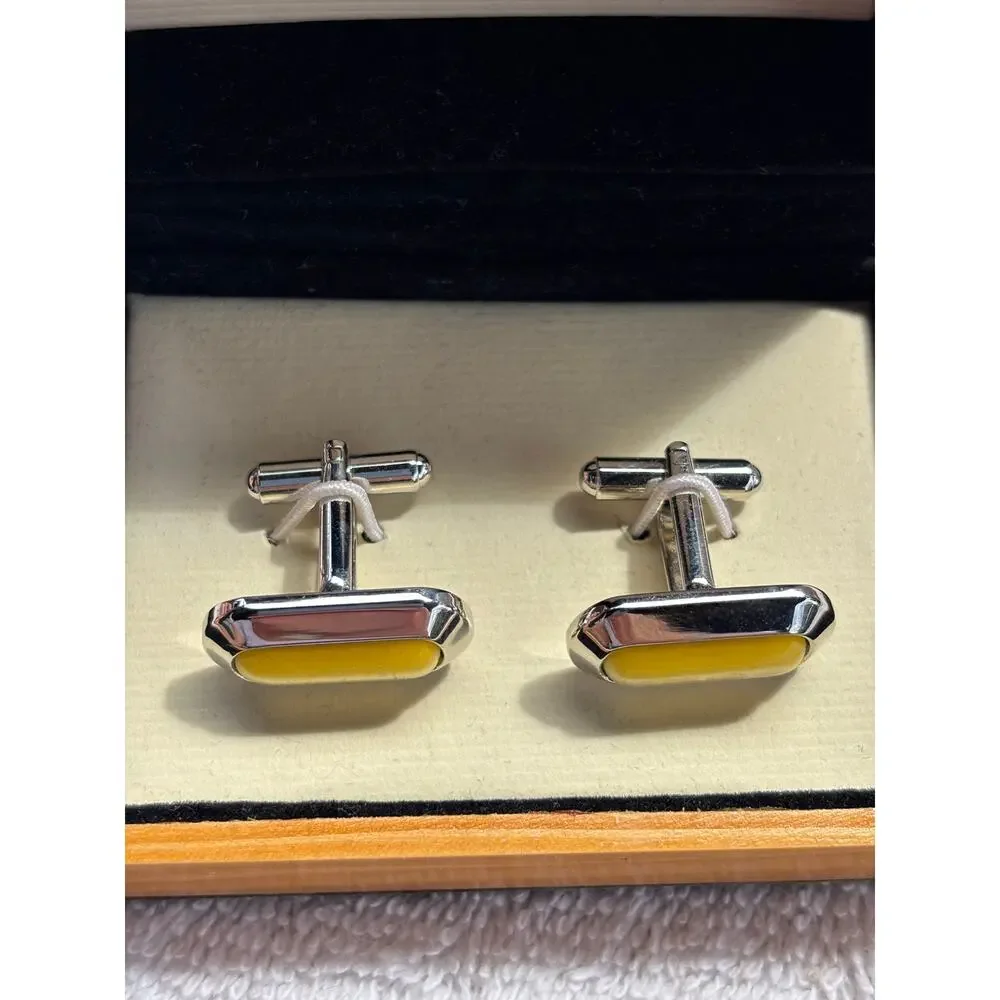 Geoffrey Beene Silver Tone Mens Cufflinks Yellow Cats Eye Stone New NWT